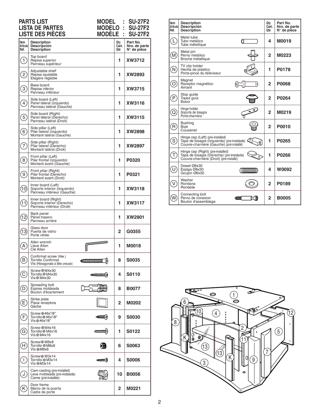 Sony SU-27F2 manual Parts List Model, Lista DE Partes, Liste DES Pièces 