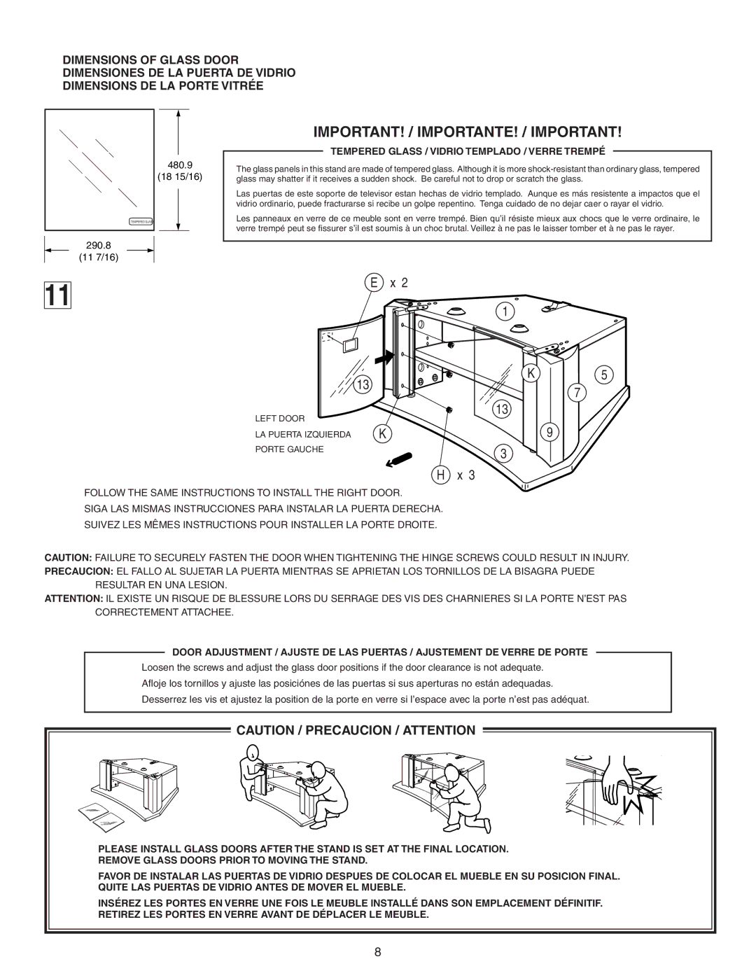 Sony SU-27F2 manual IMPORTANT! / IMPORTANTE! / Important, Tempered Glass / Vidrio Templado / Verre Trempé 