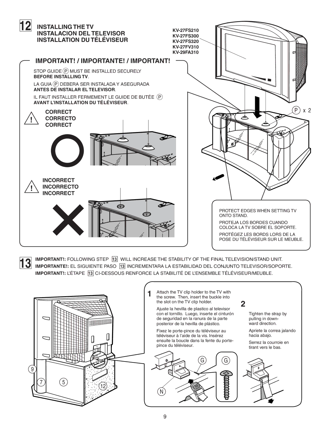 Sony SU-27F2 manual Installing the TV 