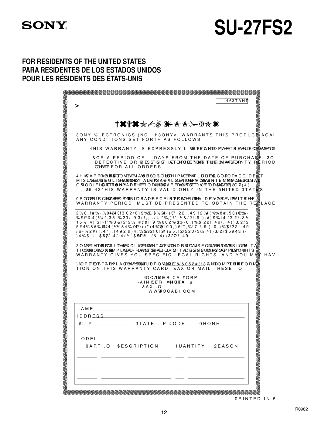 Sony SU-27FS2 manual Limited Warranty 