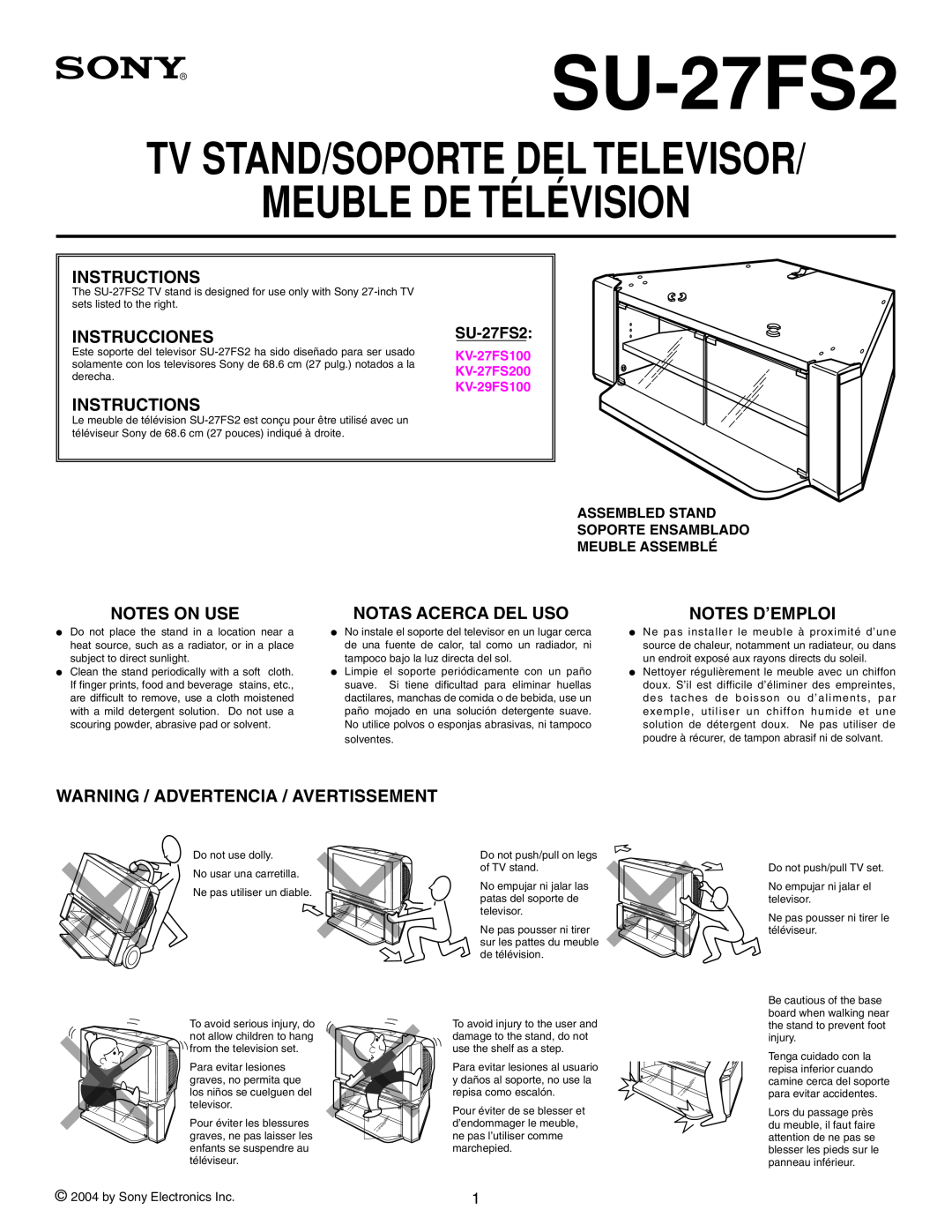 Sony SU-27FS2 manual Meuble De Télévision, Tv Stand/Soporte Del Televisor, Instructions, Instrucciones, Notes On Use 