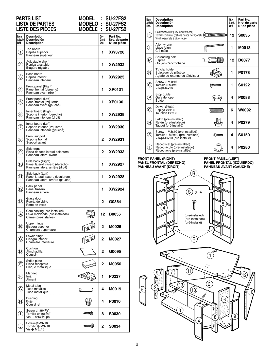 Sony manual Parts List, Lista De Partes, Liste Des Pièces, MODEL SU-27FS2 