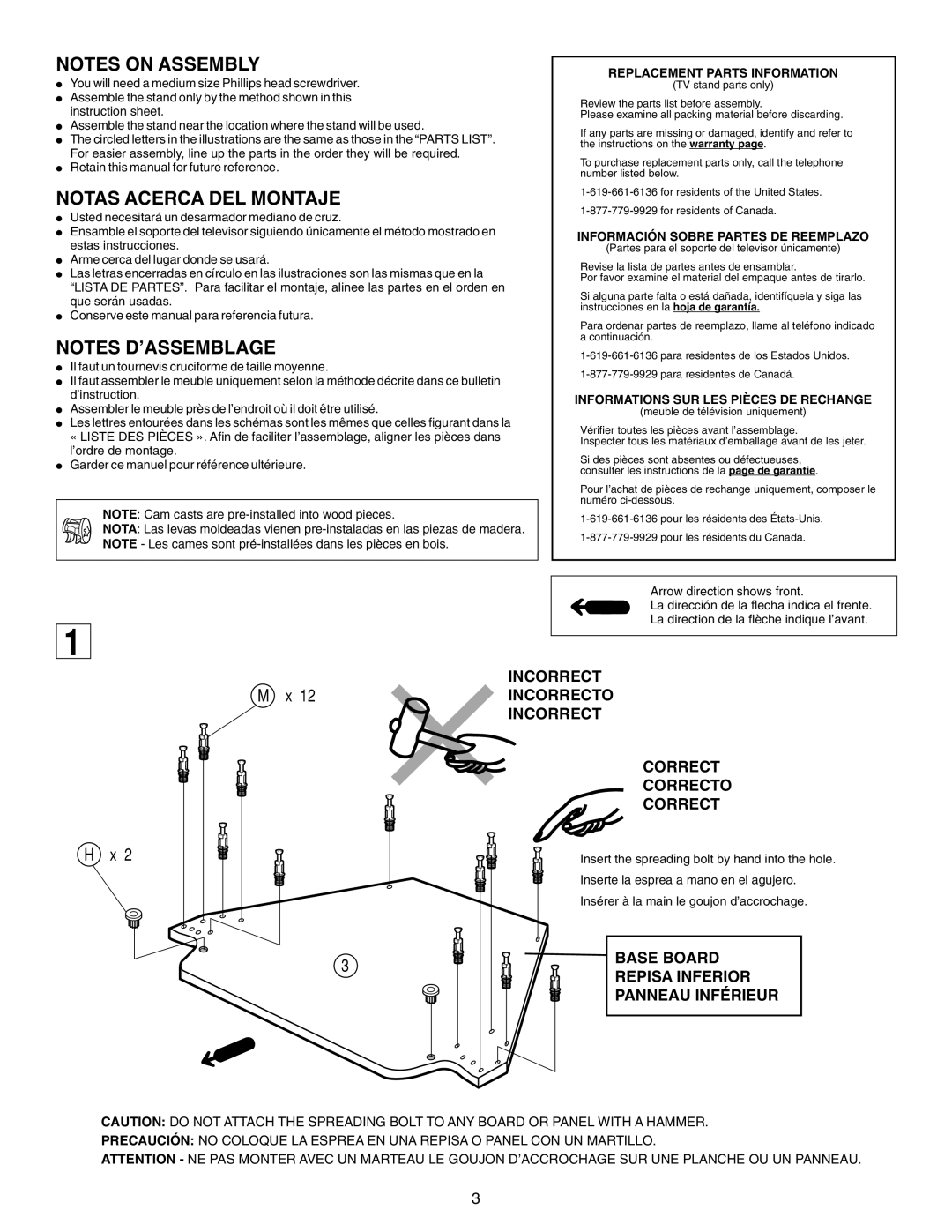 Sony SU-27FS2 manual Notes On Assembly, Notas Acerca Del Montaje, Notes D’Assemblage, H, Replacement Parts Information 