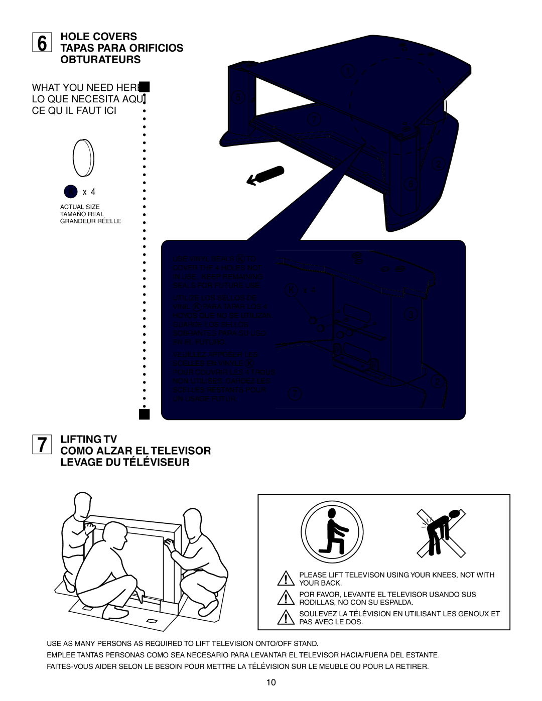 Sony SU-27HX1 manual Hole Covers Tapas Para Orificios Obturateurs, Lifting TV Como Alzar EL Televisor Levage DU Téléviseur 