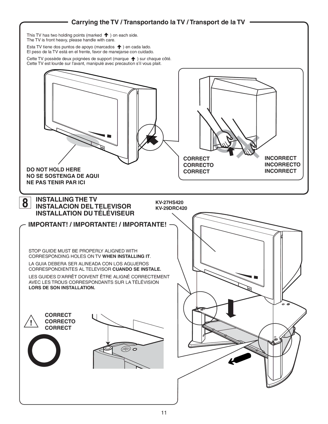 Sony SU-27HX1 manual Installing the TV, Installation DU Téléviseur, IMPORTANT! / IMPORTANTE! / Importante 