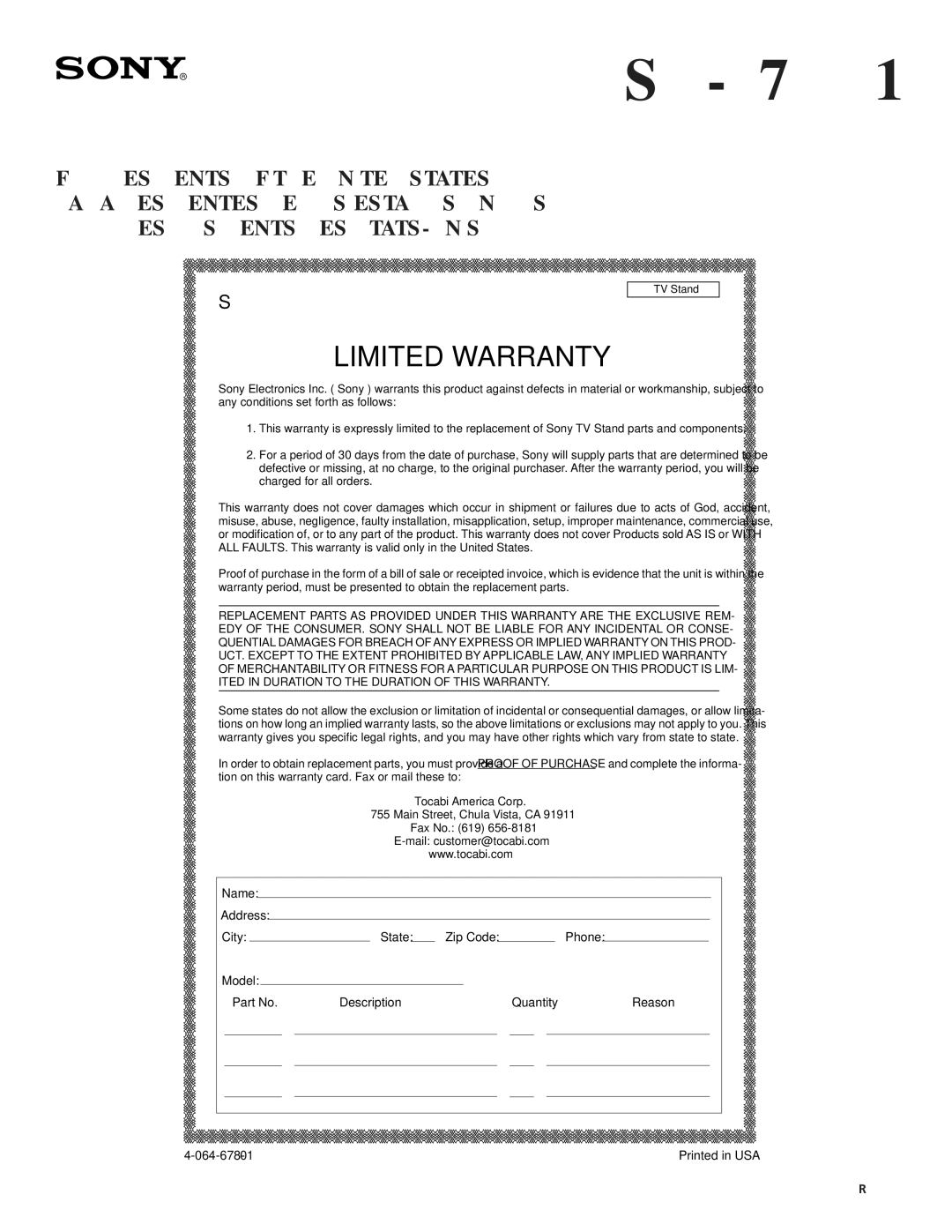 Sony SU-27HX1 manual Limited Warranty 