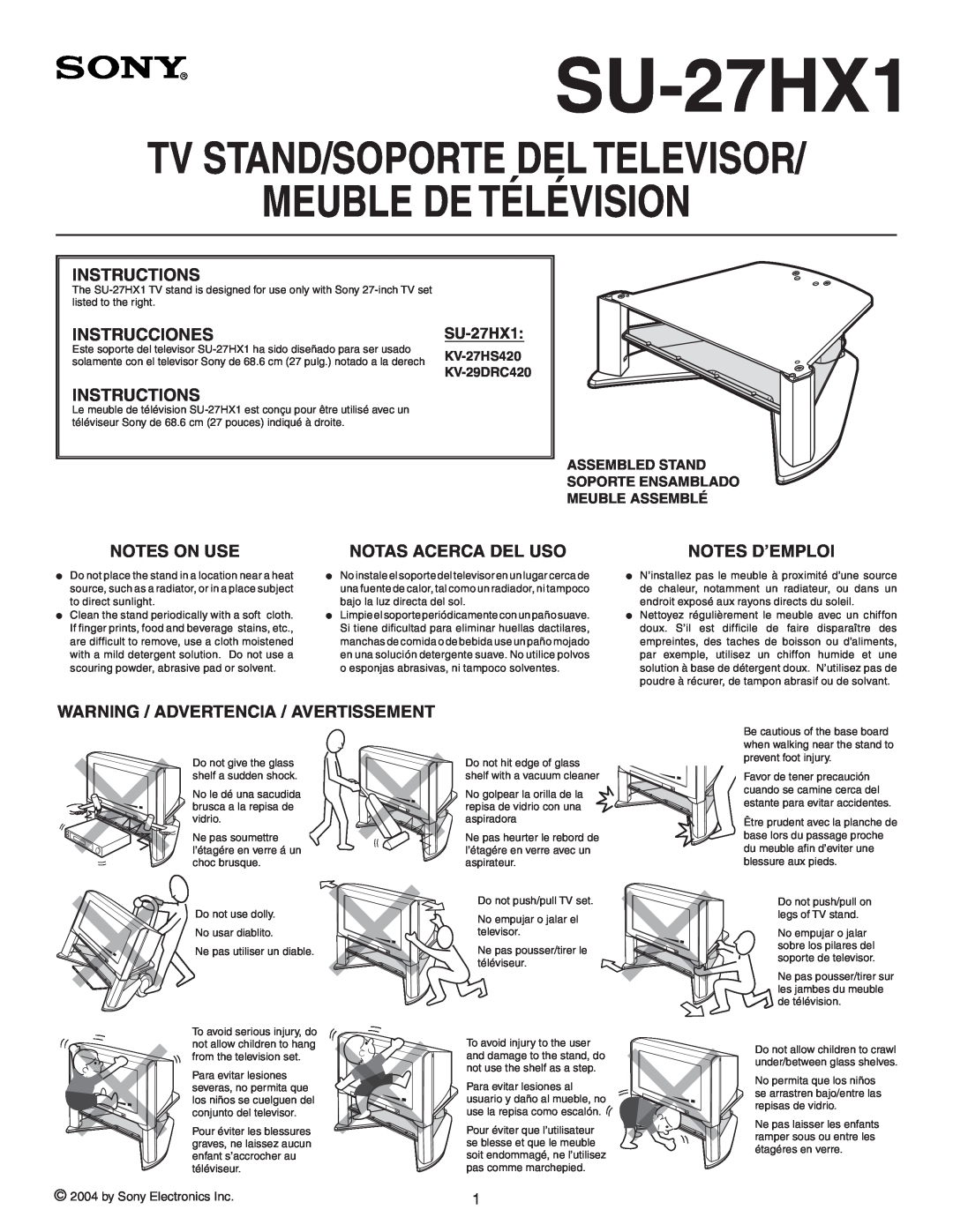 Sony SU-27HX1 manual Meuble De Télévision, Tv Stand/Soporte Del Televisor, Instructions, Instrucciones, Notes On Use 