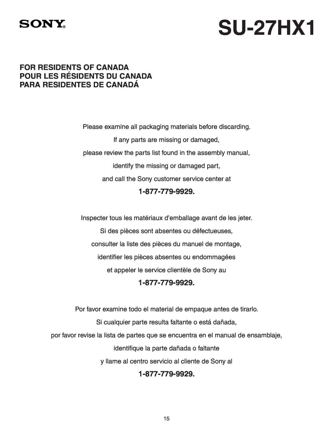 Sony SU-27HX1 manual For Residents Of Canada, Pour Les Résidents Du Canada, Para Residentes De Canadá 