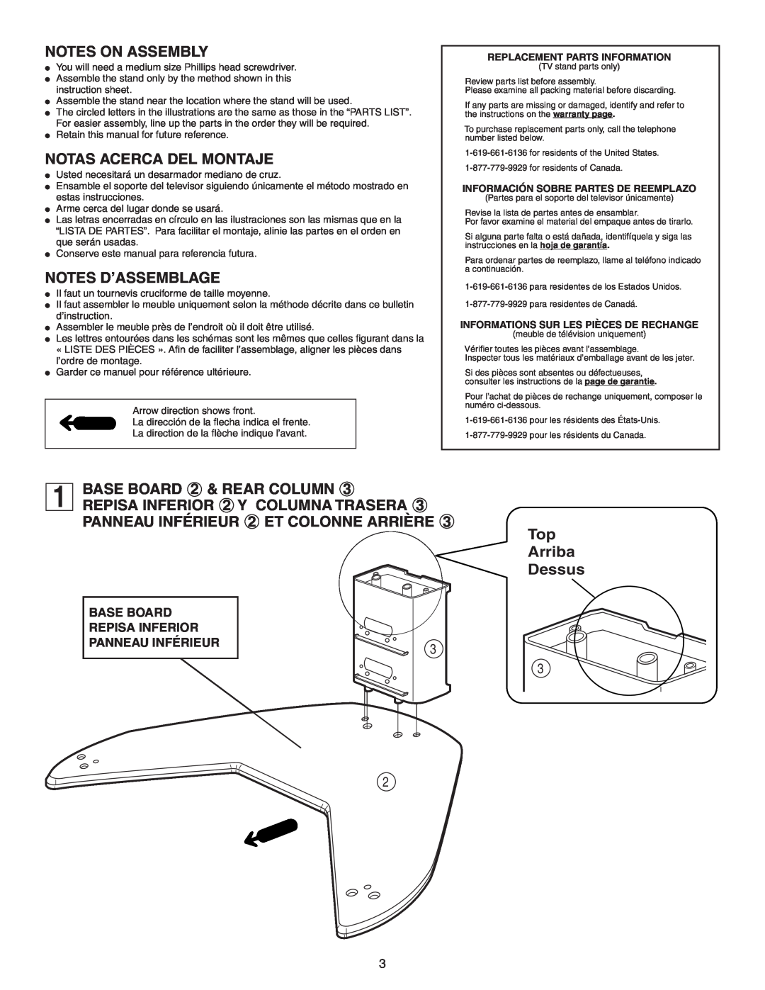 Sony SU-27HX1 manual Notes On Assembly, Notas Acerca Del Montaje, Notes D’Assemblage, BASE BOARD 2 & REAR COLUMN, Dessus 