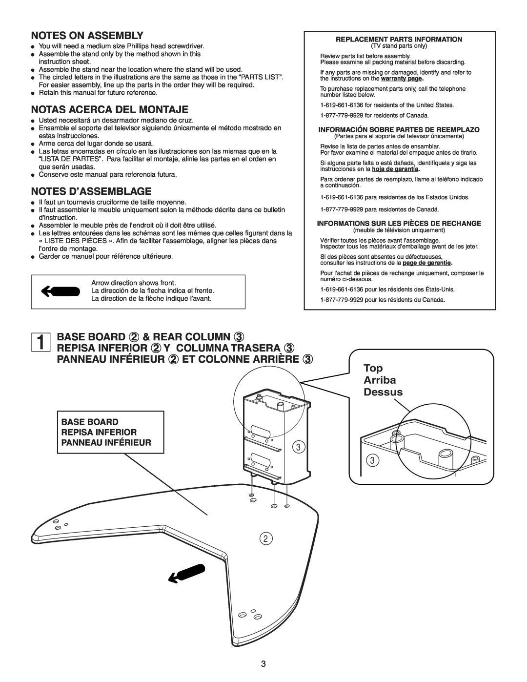 Sony SU-30HX1 Notes On Assembly, Notas Acerca Del Montaje, Notes D’Assemblage, BASE BOARD 2 & REAR COLUMN, Arriba, Dessus 