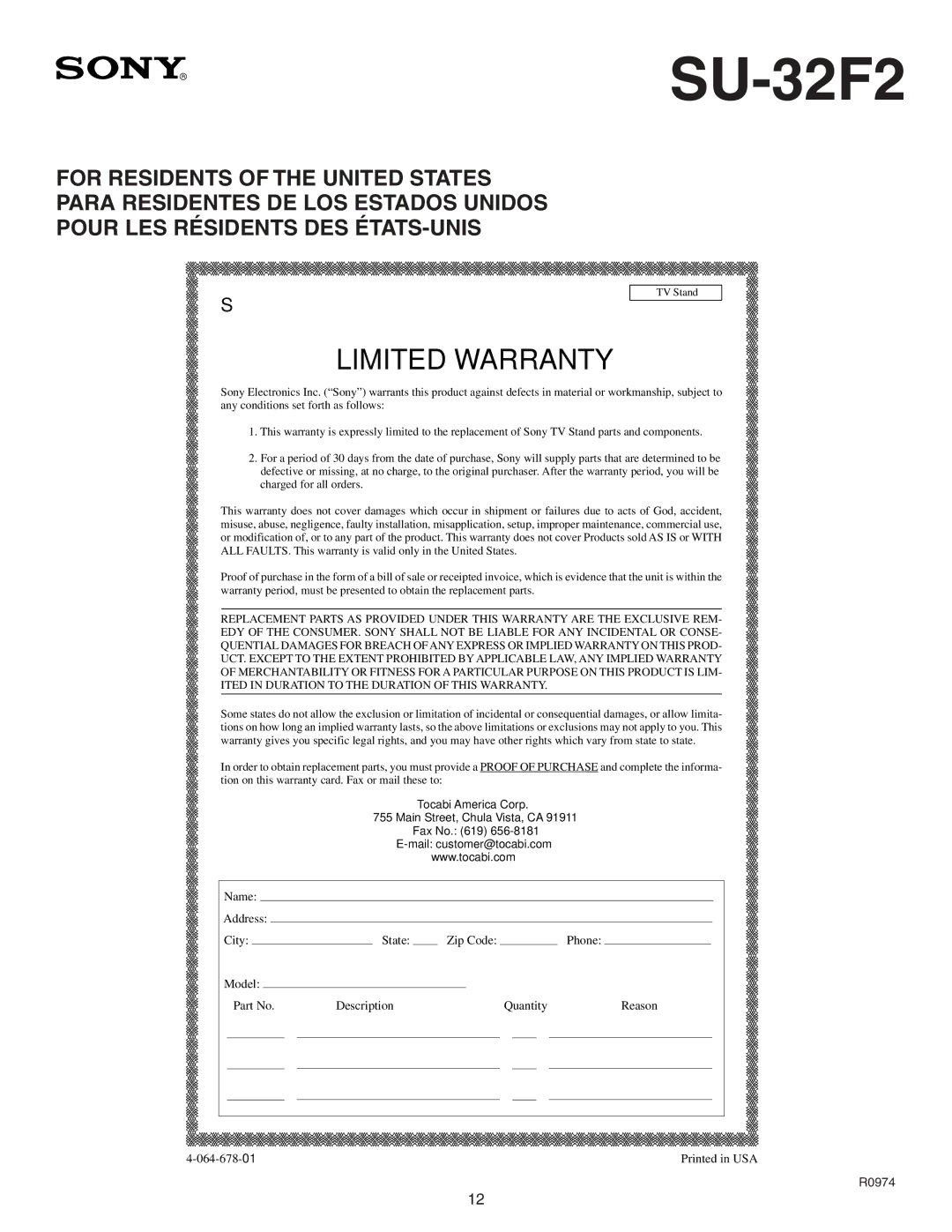 Sony SU-32F2 manual Limited Warranty 