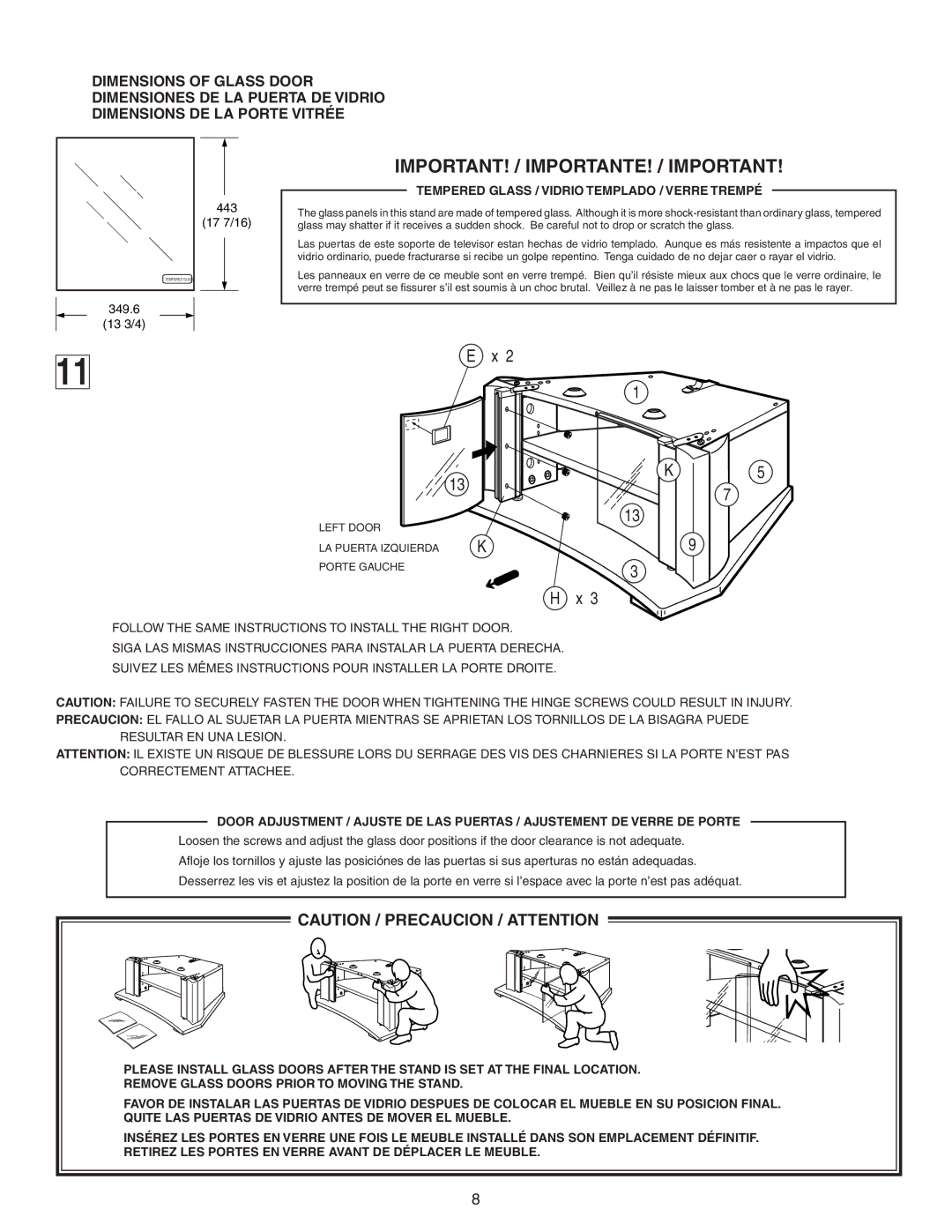 Sony SU-32F2 manual IMPORTANT! / IMPORTANTE! / Important, Tempered Glass / Vidrio Templado / Verre Trempé 