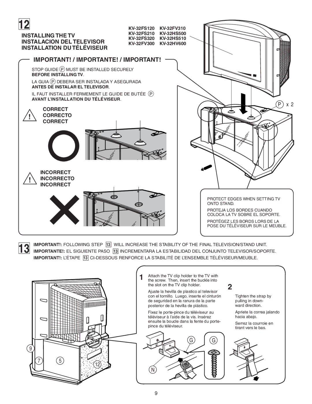 Sony SU-32F2 manual Installing the TV 