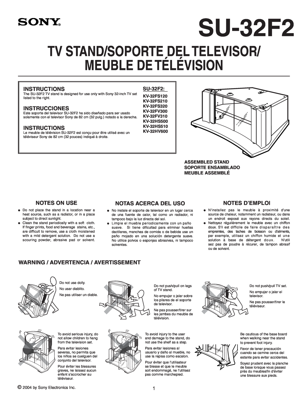 Sony SU-32F2 manual Meuble De Télévision, Tv Stand/Soporte Del Televisor, Instructions, Instrucciones, Notes On Use 