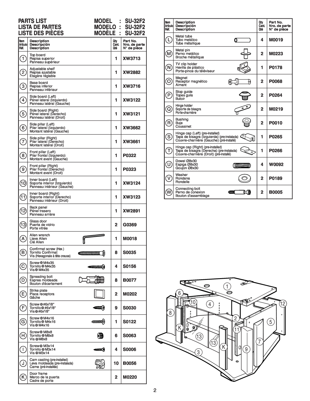 Sony manual Parts List, Model, Lista De Partes, Liste Des Pièces, 6 10 8 K 13 13 K, MODELO SU-32F2, MODÈLE SU-32F2 