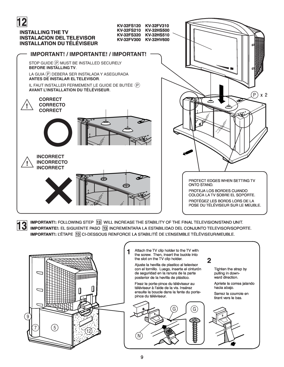 Sony SU-32F2 manual Important! / Importante! / Important, Installing The Tv, Instalacion Del Televisor, G G 12 N 