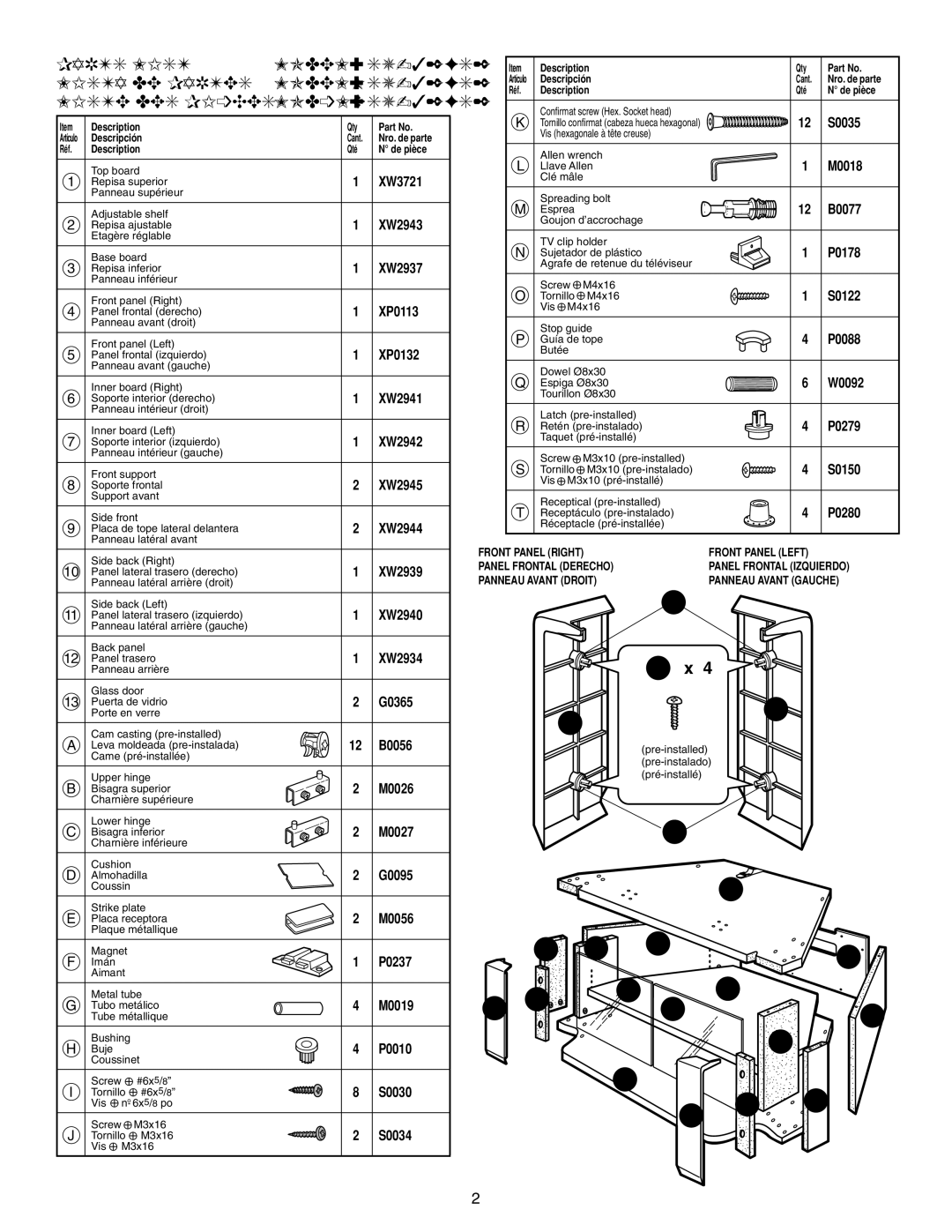 Sony SU-32FS2 manual Parts List 