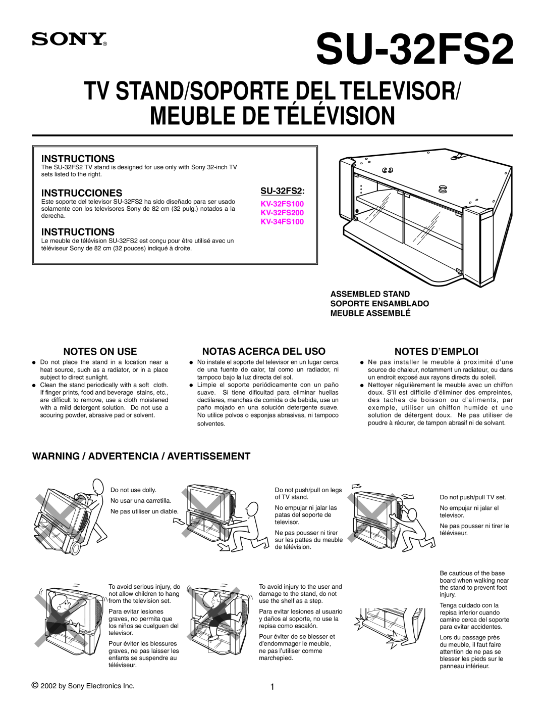 Sony SU-32FS2 manual Meuble De Télévision, Tv Stand/Soporte Del Televisor, Instructions, Instrucciones, Notes On Use 