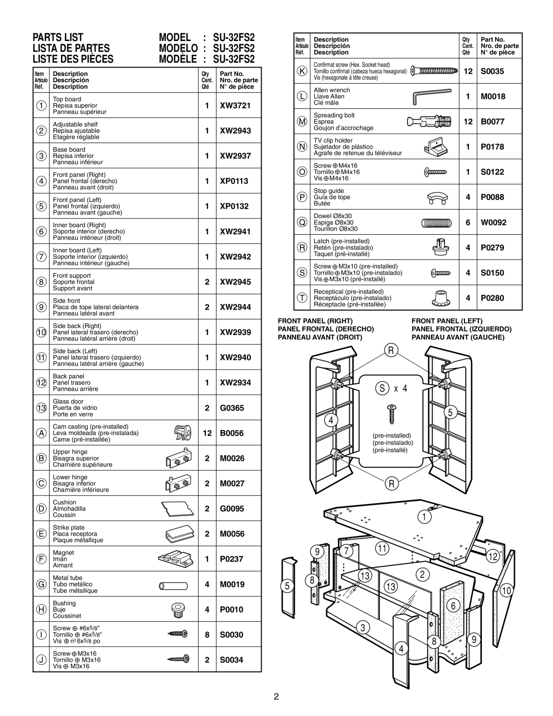 Sony manual Parts List, Lista De Partes, Liste Des Pièces, MODEL SU-32FS2 