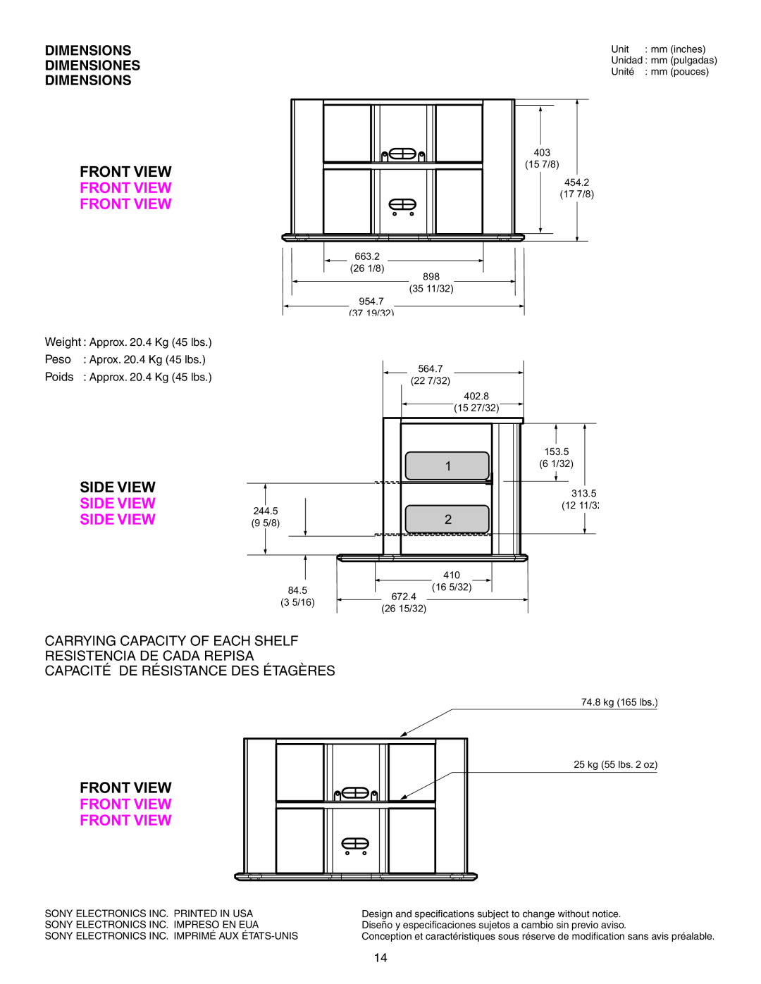 Sony SU-32HX1 manual Front View, Side View 