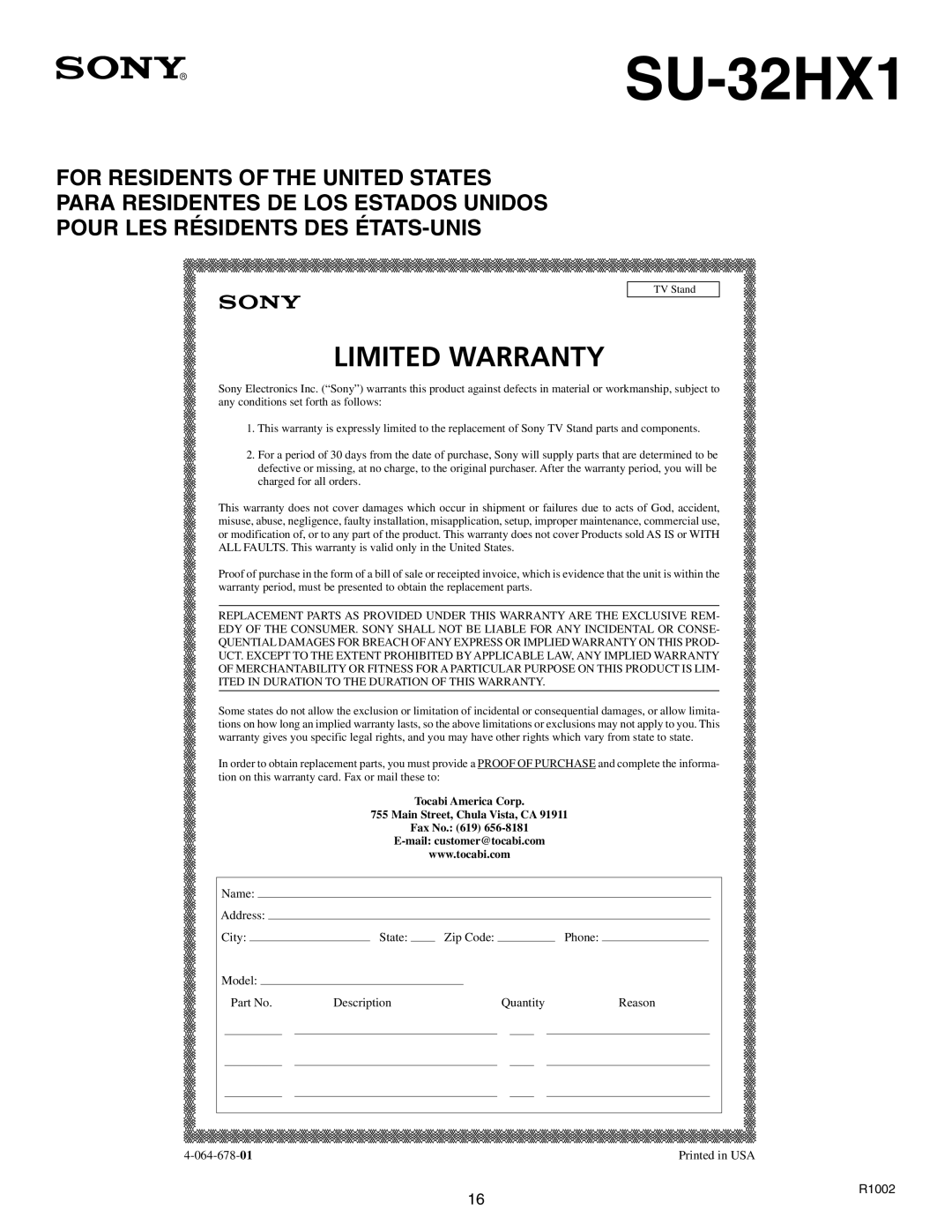 Sony SU-32HX1 manual Limited Warranty 