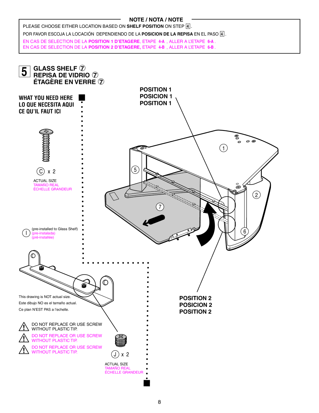 Sony SU-32HX1 manual Glass Shelf 7 Repisa DE Vidrio 7 Étagère EN Verre, Pré-installée 