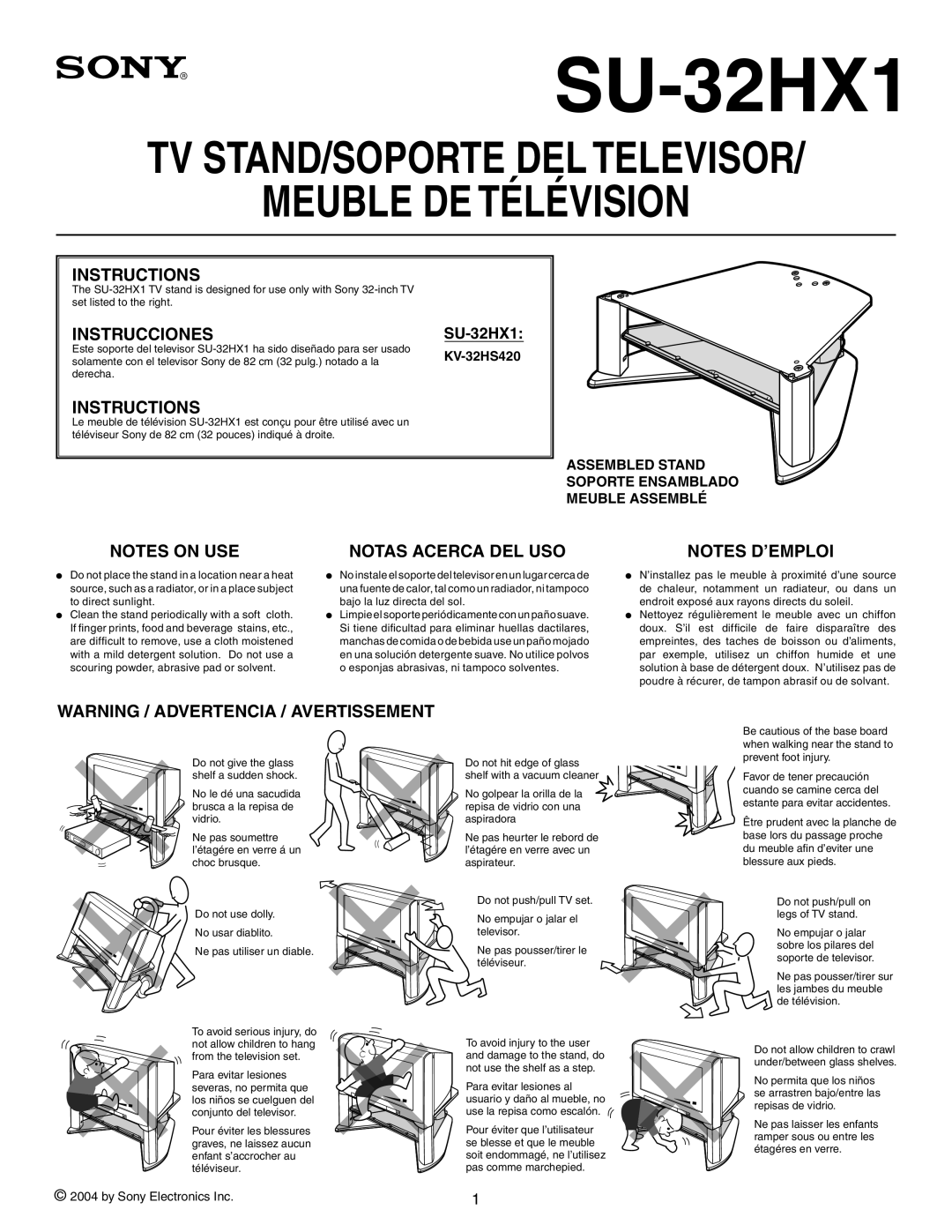 Sony SU-32HX1 manual Meuble De Télévision, Tv Stand/Soporte Del Televisor, Instructions, Instrucciones, Notes On Use 