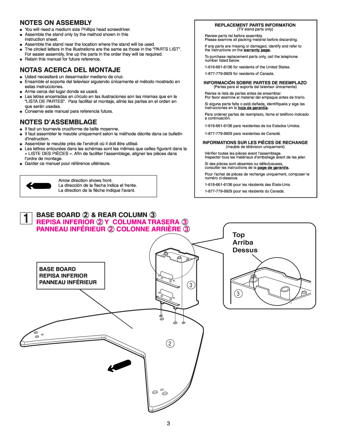 Sony SU-32HX1 manual Notes On Assembly, Notas Acerca Del Montaje, Notes D’Assemblage, 1BASE BOARD 2 & REAR COLUMN 