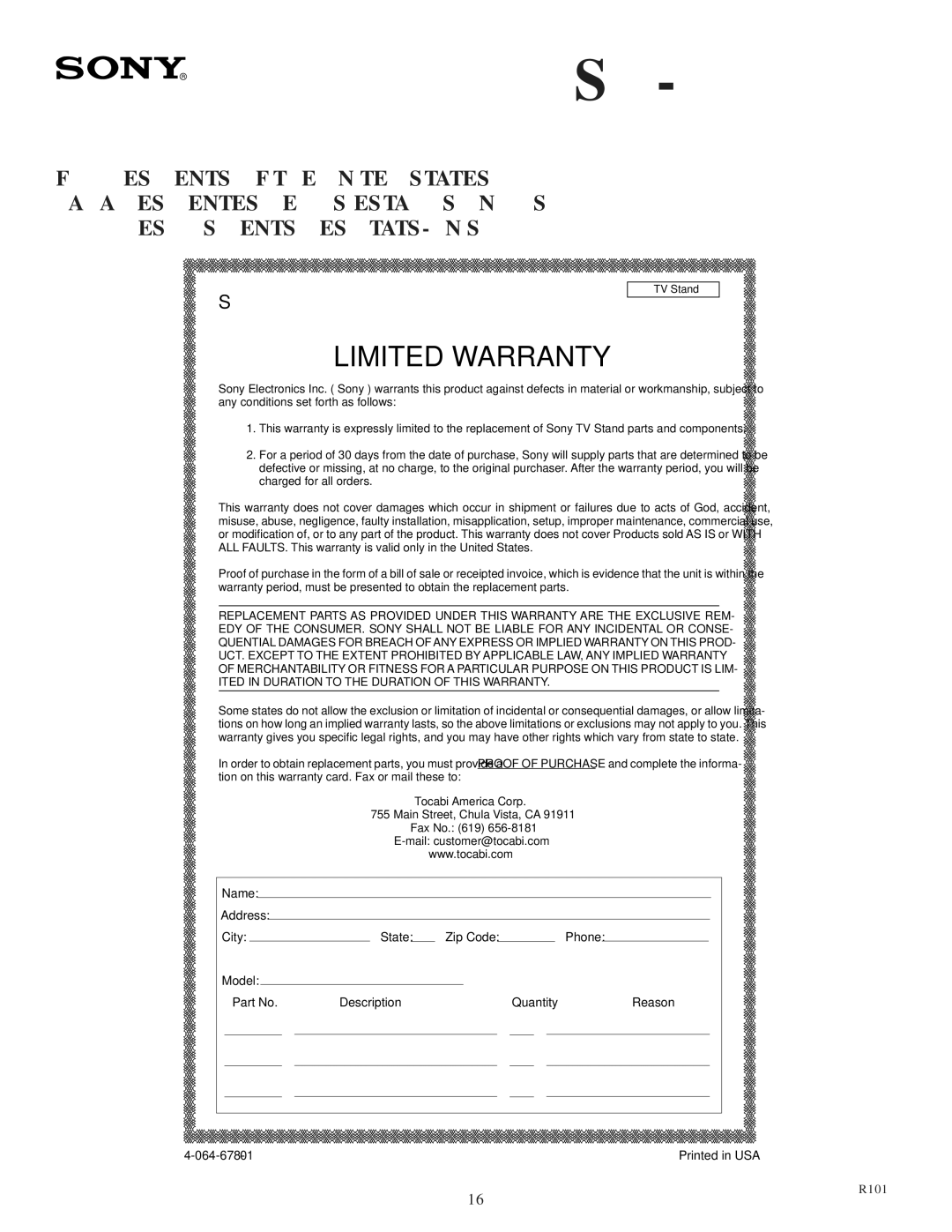 Sony SU-34XBR3 manual Limited Warranty 