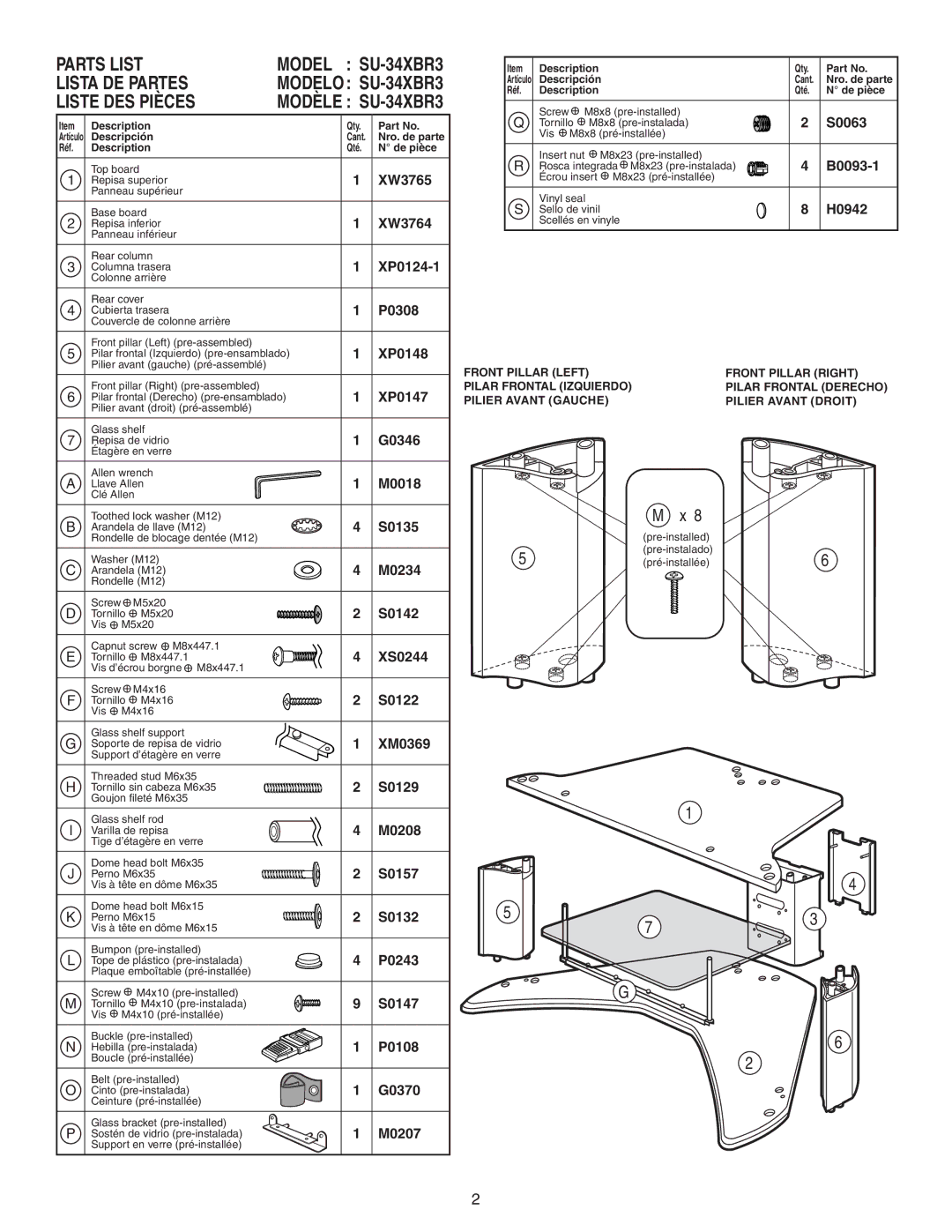 Sony SU-34XBR3 manual Parts List 