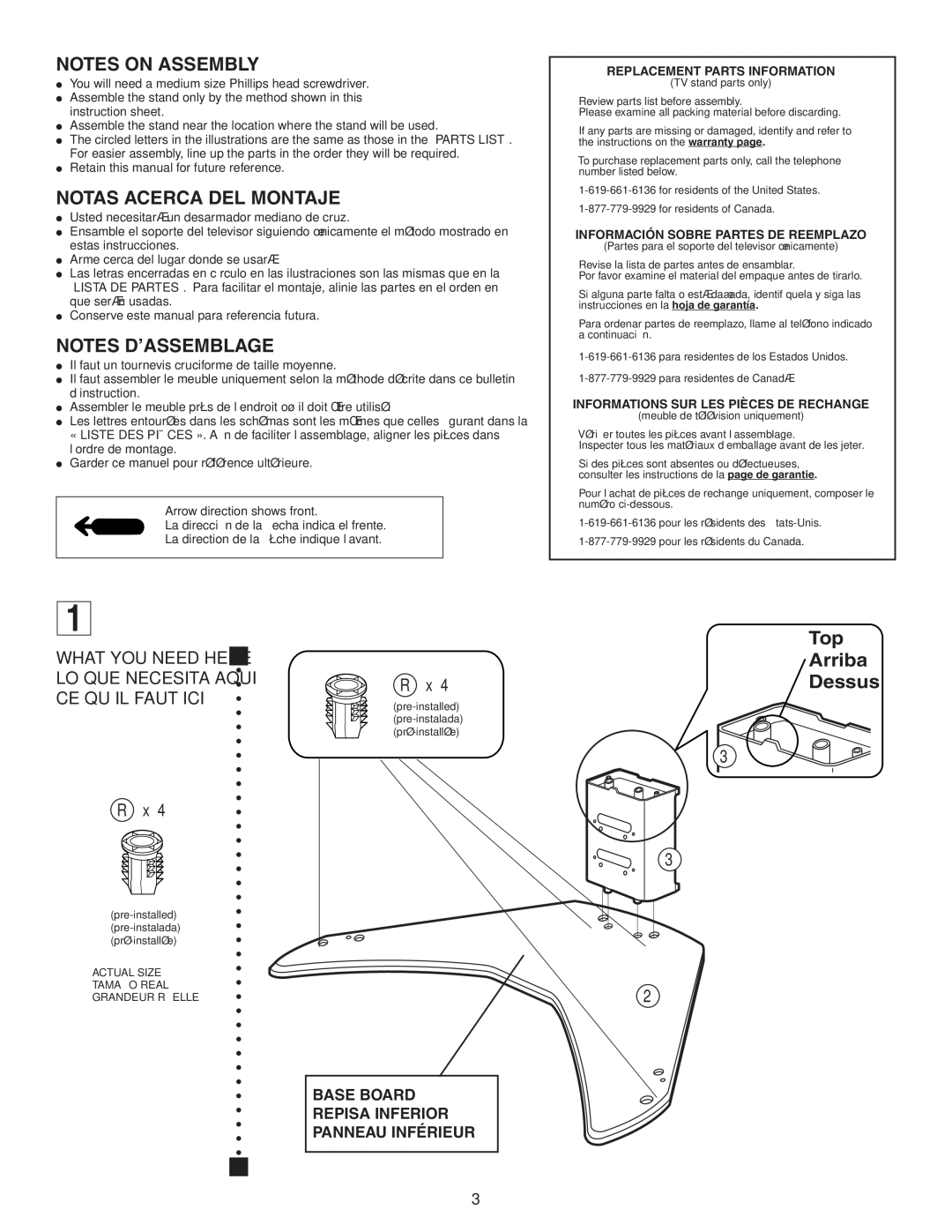 Sony SU-34XBR3 manual Replacement Parts Information, Información Sobre Partes DE Reemplazo 