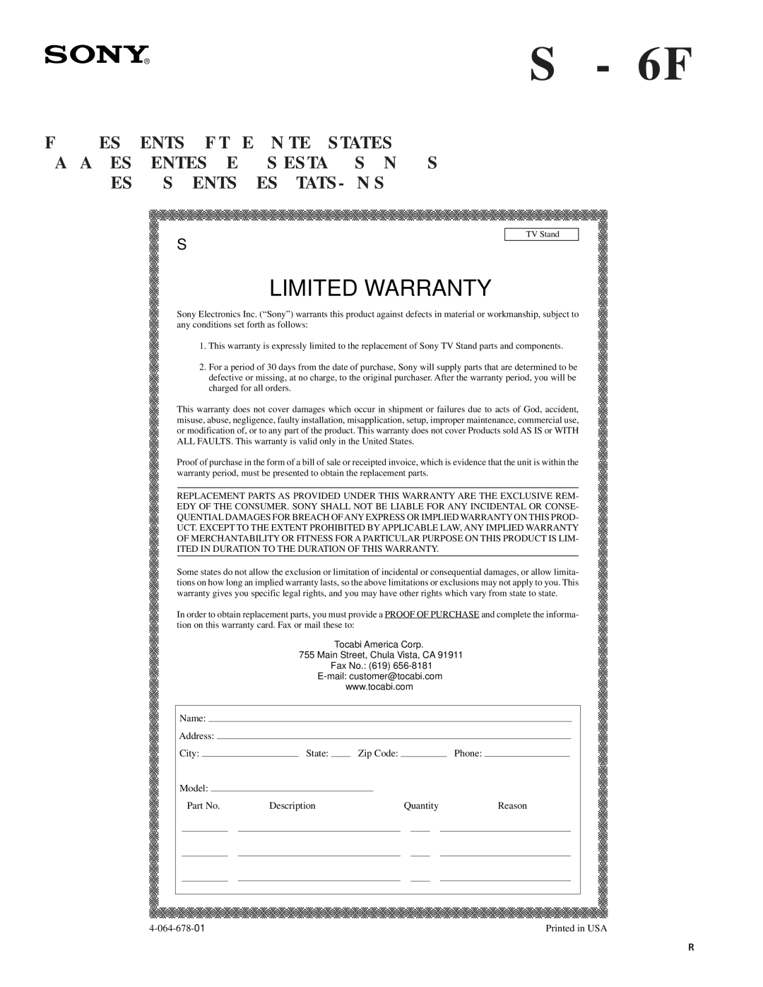 Sony SU-36F2 manual Limited Warranty 