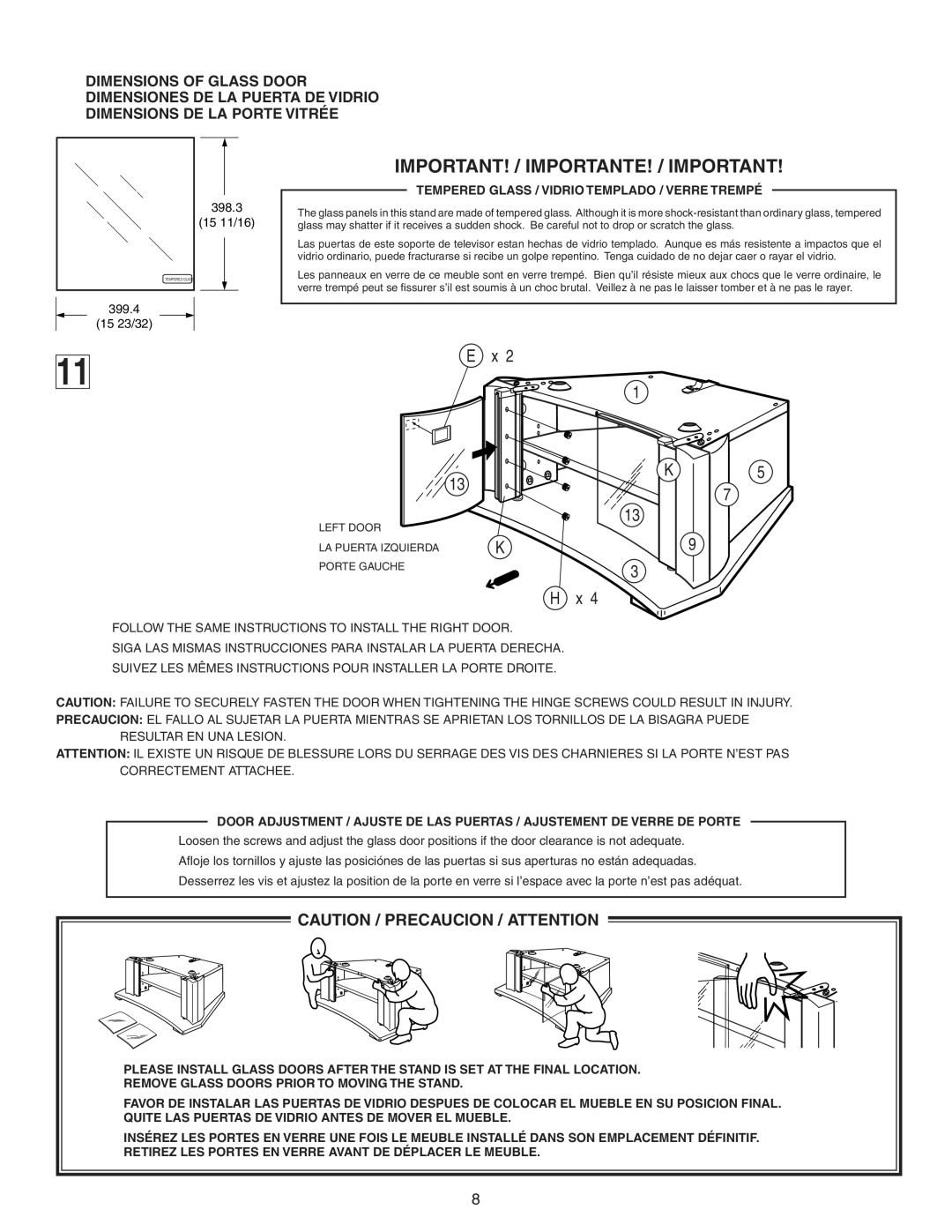 Sony SU-36F2 manual IMPORTANT! / IMPORTANTE! / Important, Tempered Glass / Vidrio Templado / Verre Trempé 