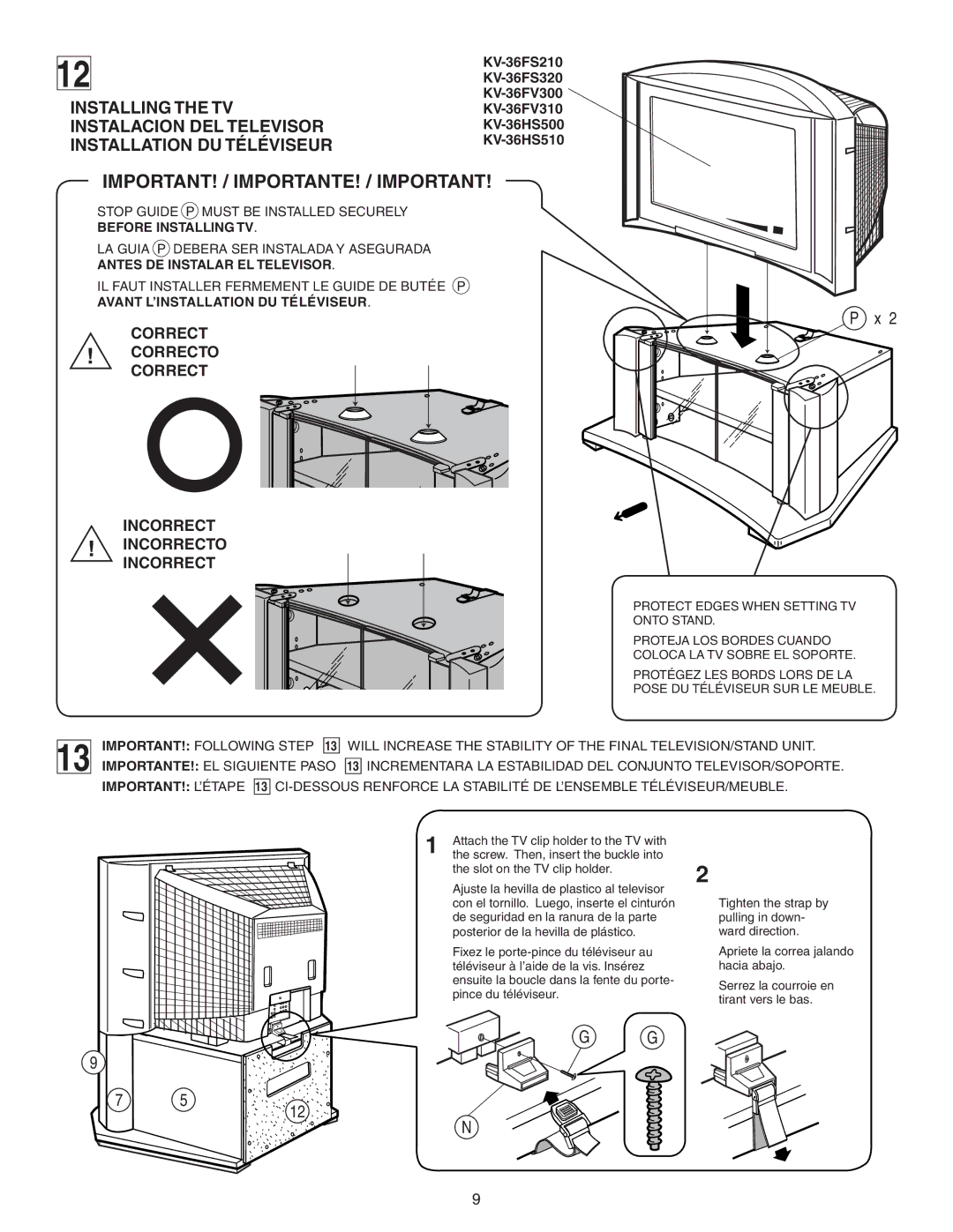 Sony SU-36F2 manual Correct Correcto Incorrect Incorrecto 