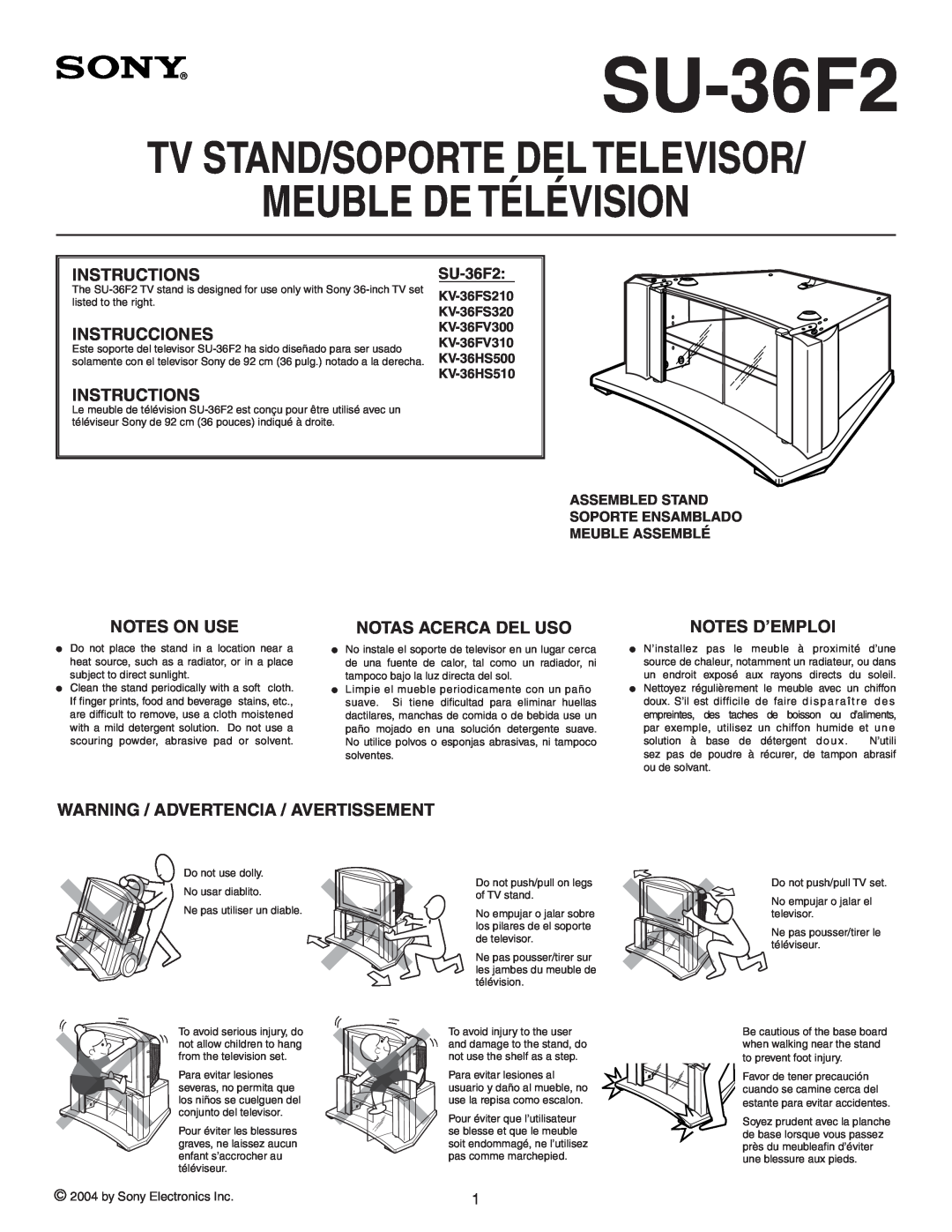Sony SU-36F2 manual Meuble De Télévision, Tv Stand/Soporte Del Televisor, Instructions, Instrucciones, Notes On Use 