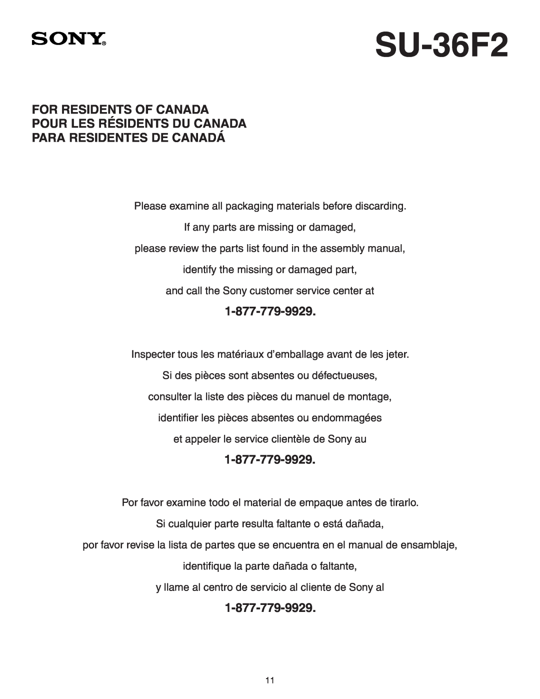Sony SU-36F2 manual For Residents Of Canada, Pour Les Résidents Du Canada, Para Residentes De Canadá, 1-877-779-9929 