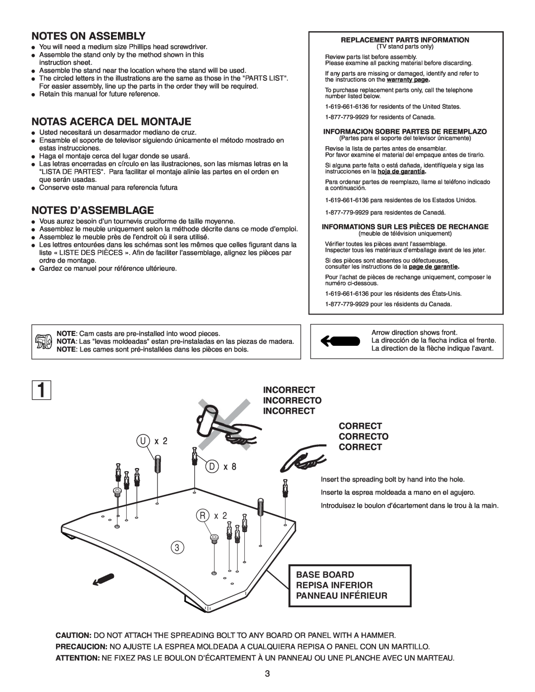 Sony SU-36F2 manual Notes On Assembly, Notas Acerca Del Montaje, Notes D’Assemblage, R x 3, Incorrect Incorrecto Incorrect 