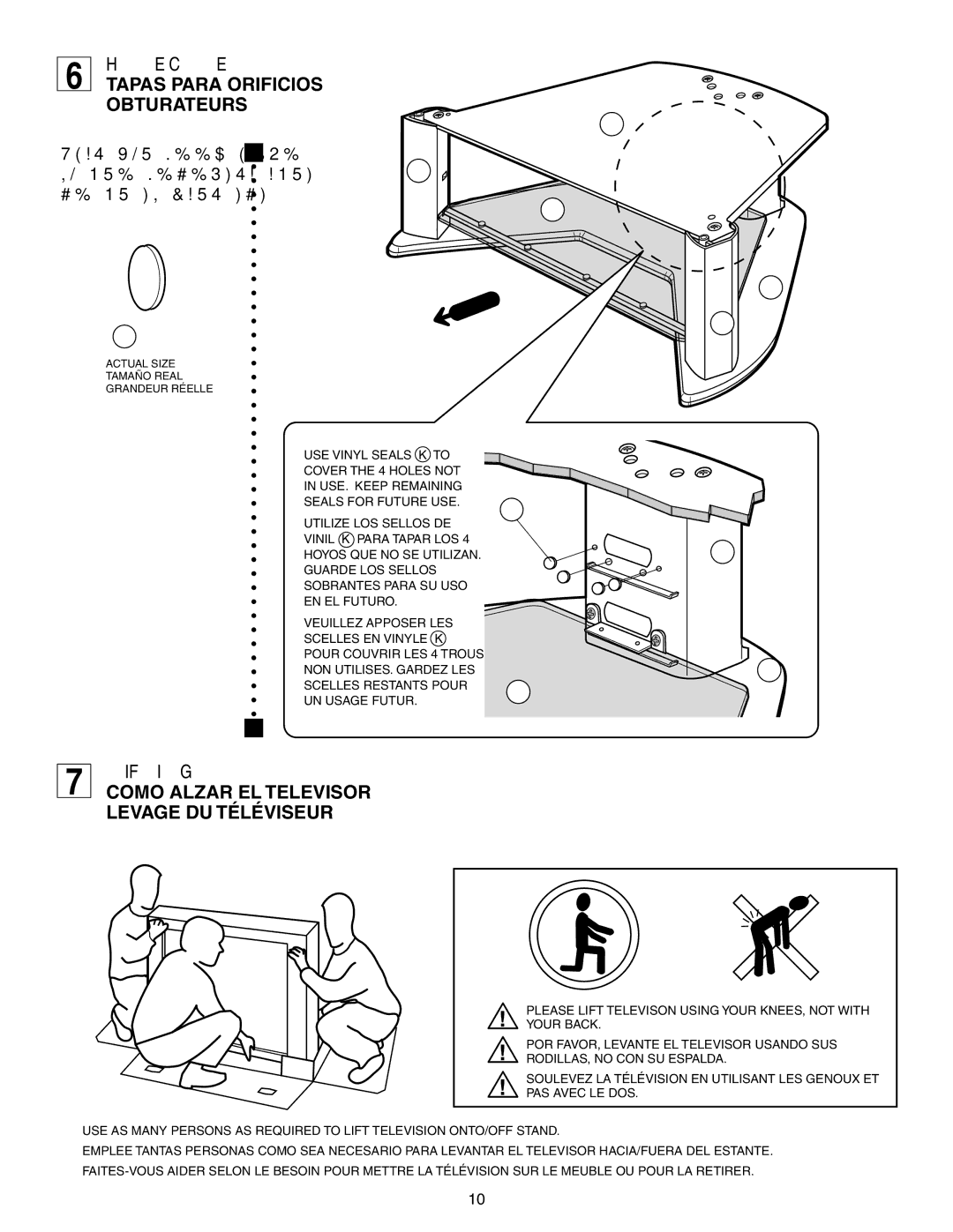 Sony SU-36HX1 manual Hole Covers Tapas Para Orificios Obturateurs, Lifting TV Como Alzar EL Televisor Levage DU Téléviseur 