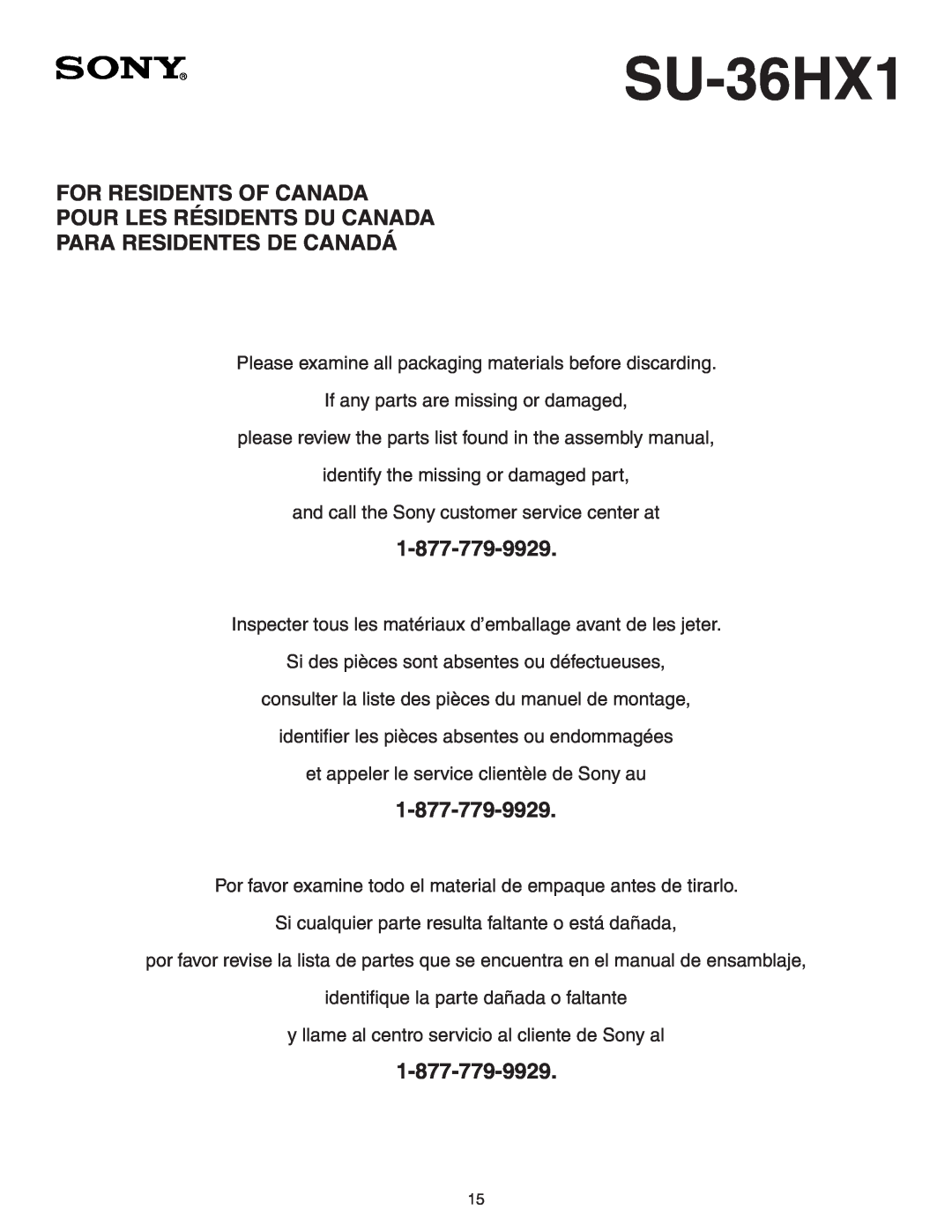 Sony SU-36HX1 manual For Residents Of Canada, Pour Les Résidents Du Canada, Para Residentes De Canadá 