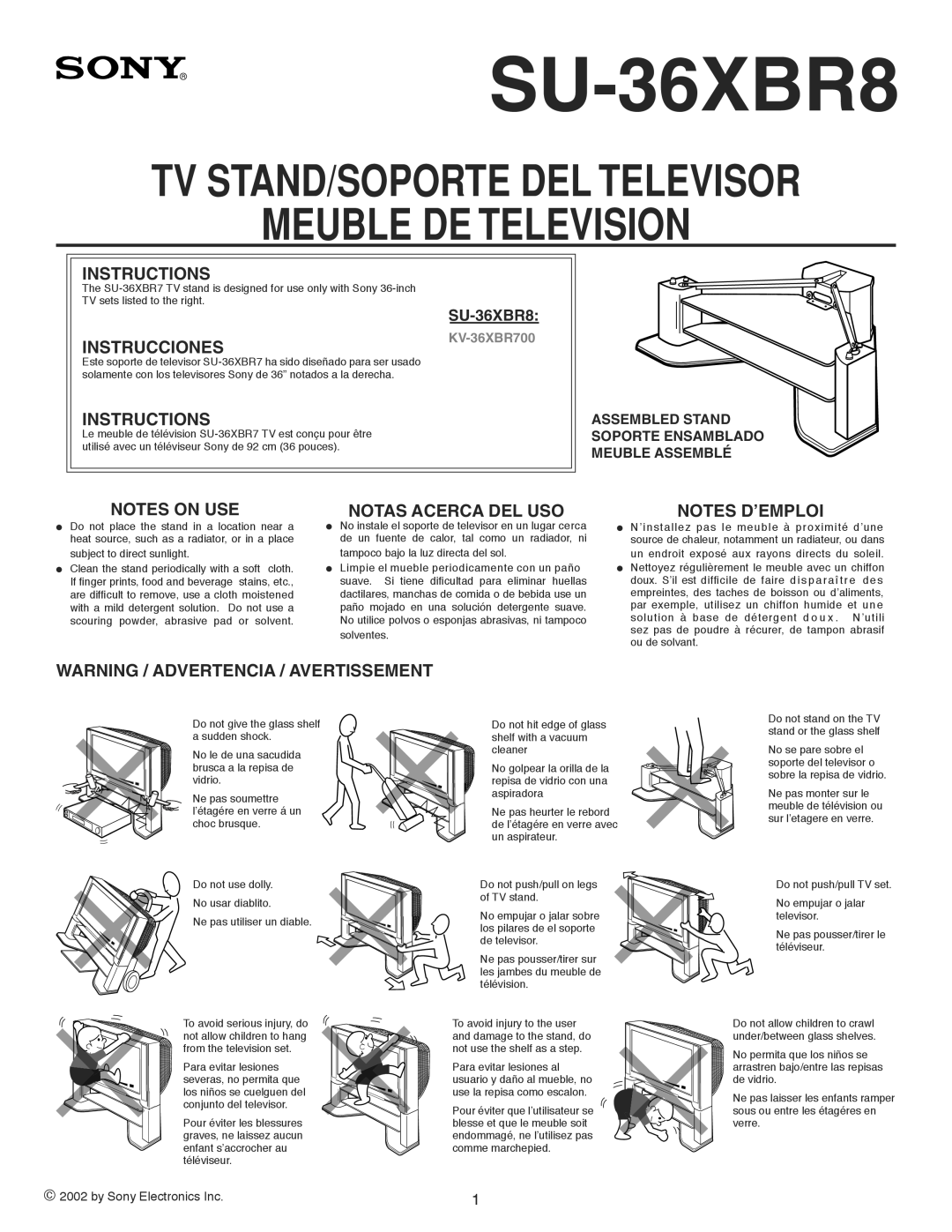 Sony SU-36XBR8 manual Tv Stand/Soporte Del Televisor, Meuble De Television, Instructions, Instrucciones, Notes On Use 