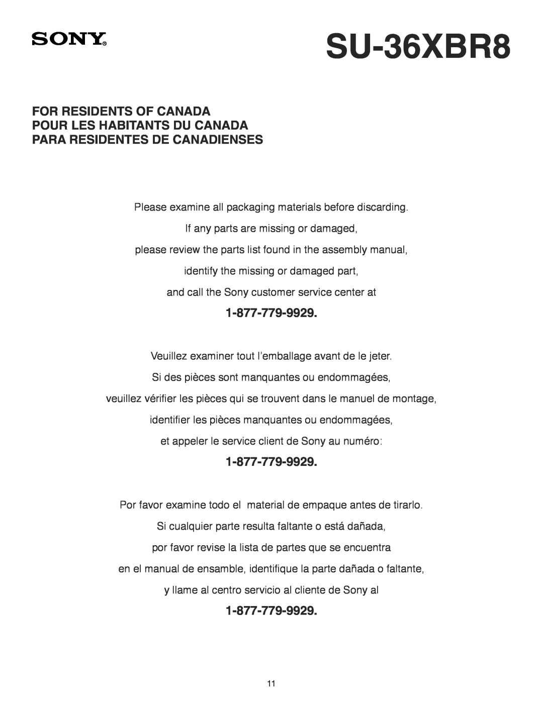 Sony SU-36XBR8 manual For Residents Of Canada, Pour Les Habitants Du Canada, Para Residentes De Canadienses 