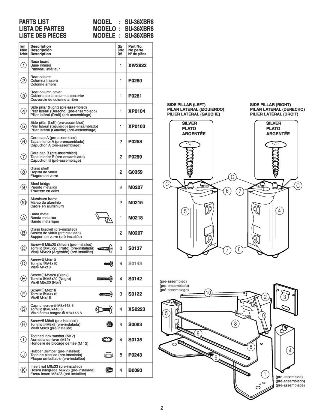 Sony SU-36XBR8 manual Parts List, Lista De Partes, Liste Des Pièces, Model 