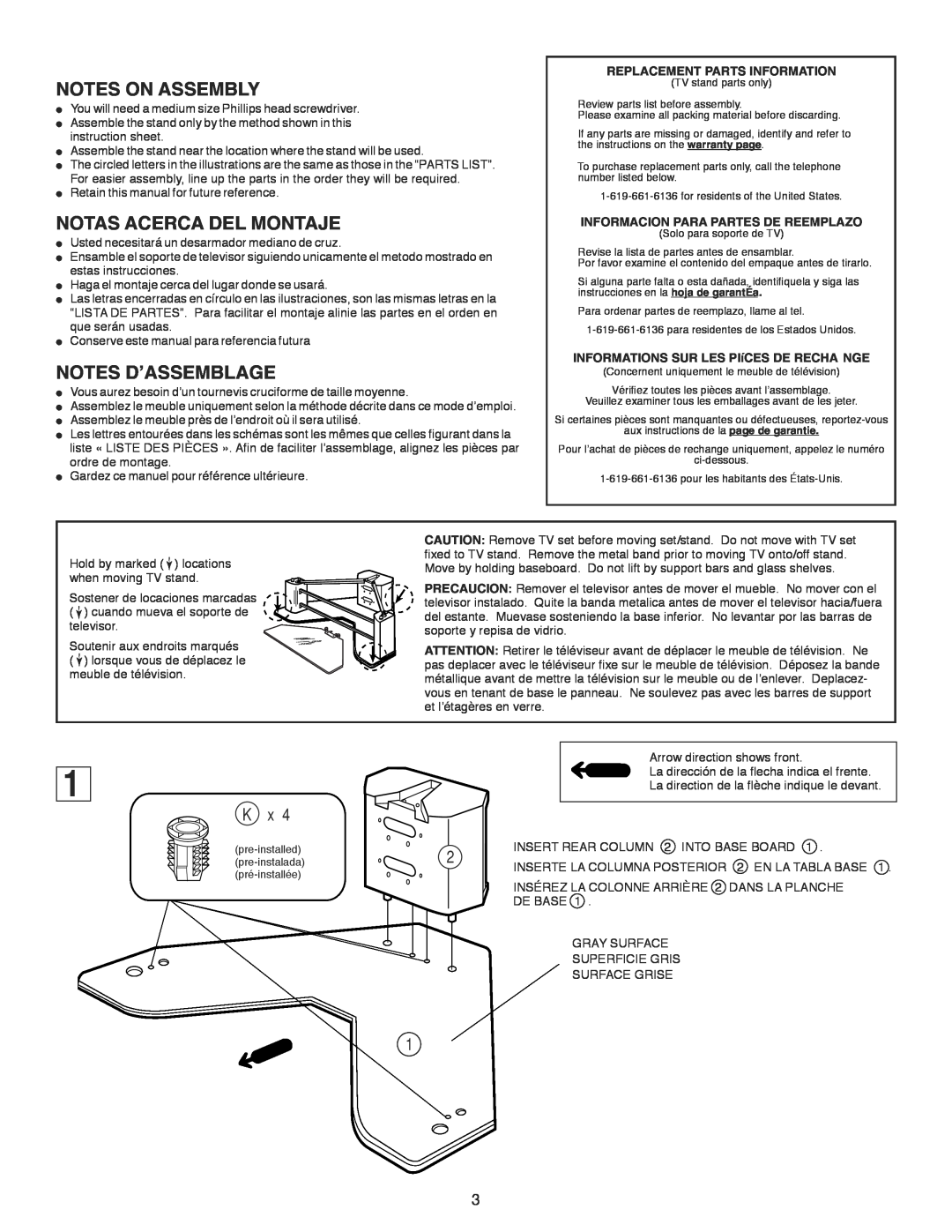 Sony SU-36XBR8 manual Notes On Assembly, Notas Acerca Del Montaje, Notes D’Assemblage, Replacement Parts Information 