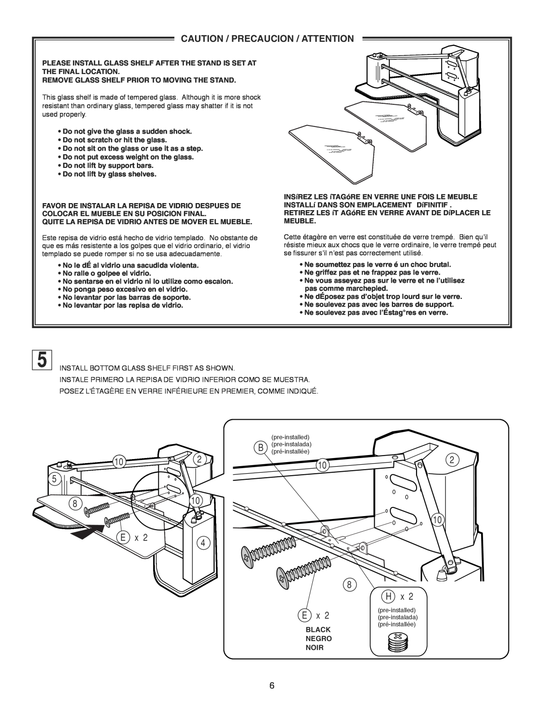 Sony SU-36XBR8 manual 10 8 E, 2 10 H, Caution / Precaucion / Attention, Remove Glass Shelf Prior To Moving The Stand 