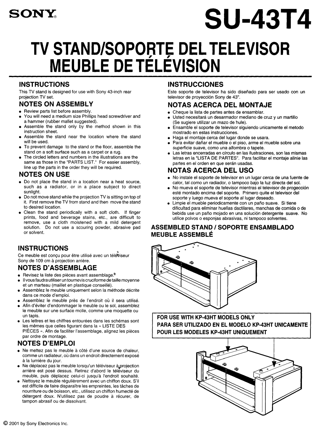 Sony Indoor Furnishings, 210 instruction sheet SONY@SU-43T4, For USE with KP-43HT Models only 