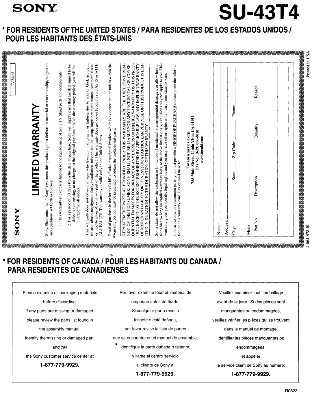 Sony 210, SU-43T4, Indoor Furnishings instruction sheet Si cualquier pane resulta faltante o esta danada 