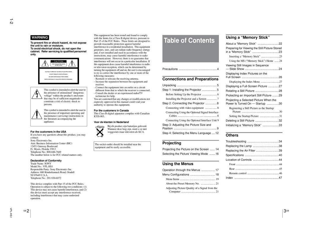 Sony VPLHS1FP, SUHS1, RMPJHS1 service manual Table of Contents 