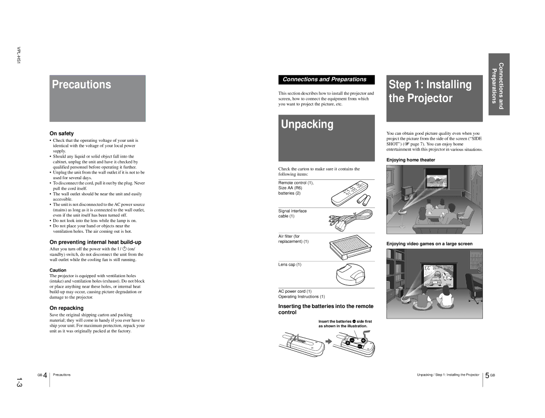 Sony RMPJHS1, SUHS1, VPLHS1FP service manual Precautions, Unpacking, Installing, Projector 