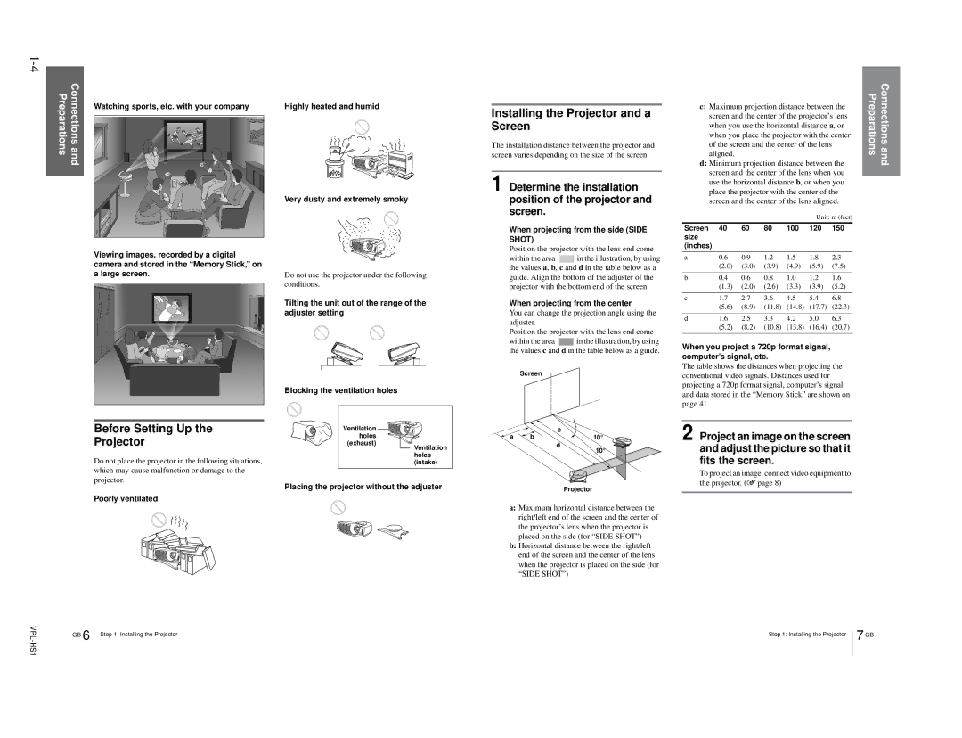 Sony SUHS1, VPLHS1FP, RMPJHS1 service manual Installing the Projector and a, Screen, Before Setting Up Projector 