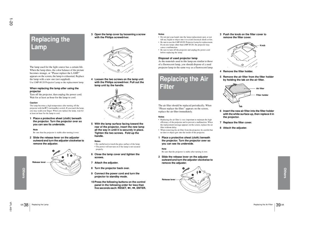 Sony VPLHS1FP, SUHS1, RMPJHS1 service manual Replacing Lamp, Replacing the Air Filter 